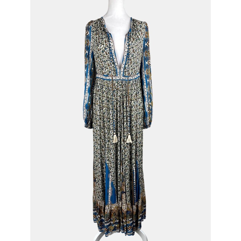 Free People Happy Feelings Maxi Dress Boho Prairie Floral Tassels Border Print S - Picture 2 of 16